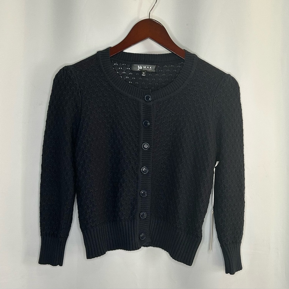 Women’s Navy Blue cropped crochet cardigan, 3/4 sleeve, Size M, NWT, 100% cotton